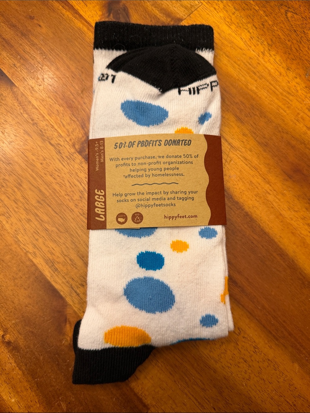 Hippy Feet Men's White Crew Socks with Blue & Orange Dot Design - Picture 2 of 2